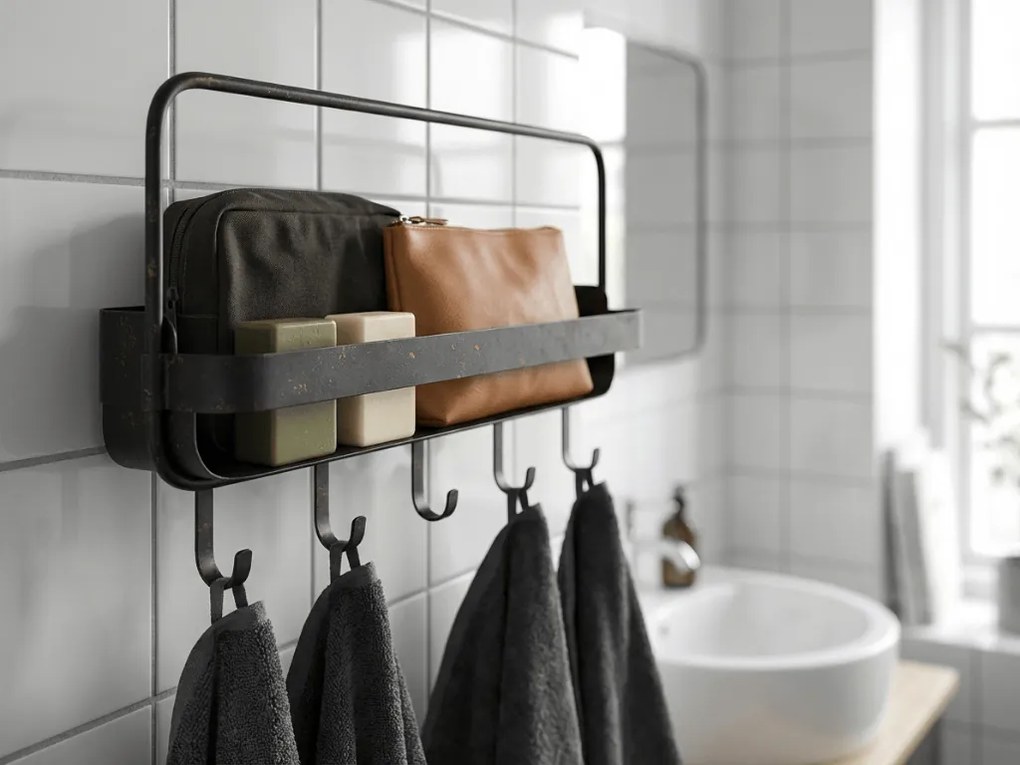Kovová polica do kúpeľne RAKKA 56x29 cm, čierna s patinou