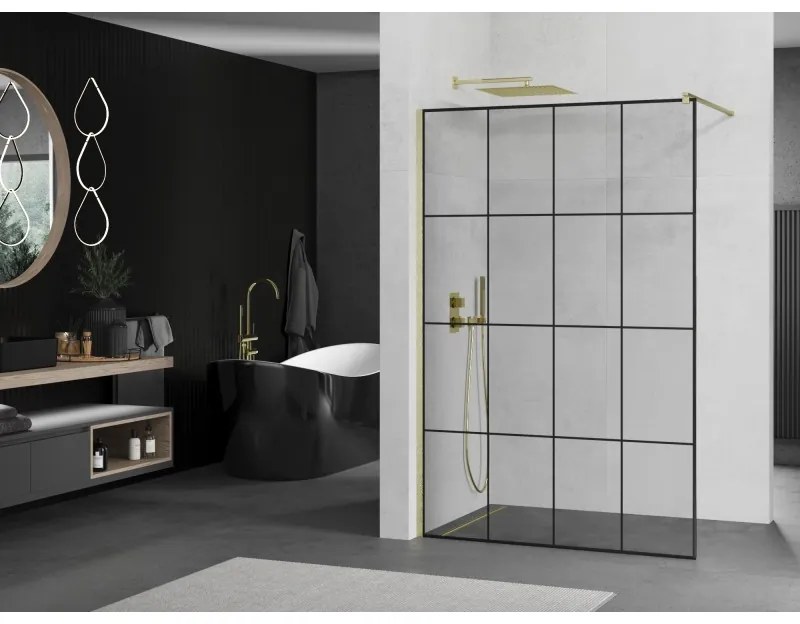 Mexen Kioto, sprchová zástena Walk-In 130 x 200 cm, 8mm číre sklo čierny vzor, zlatý matný profil, 800-130-101-55-77