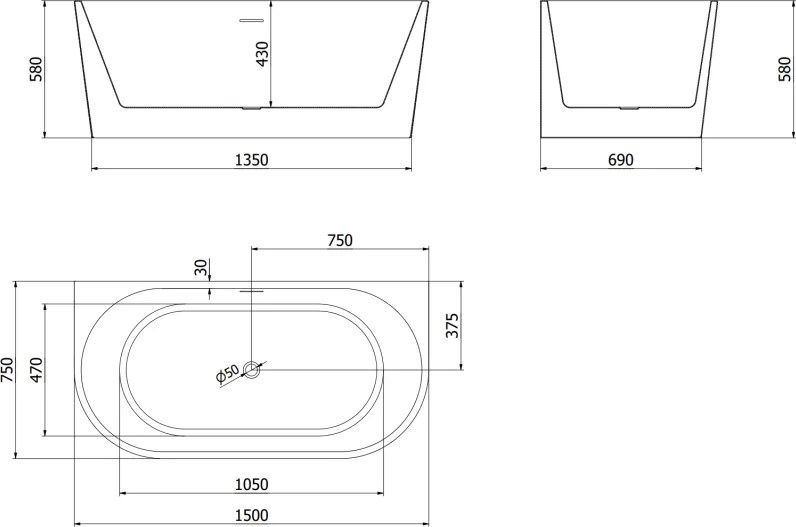 Mexen Oval, voľne stojaca nástenná vaňa 150 x 75 cm, biela-čierna, brúsený grafit prepad, 52671507575-95