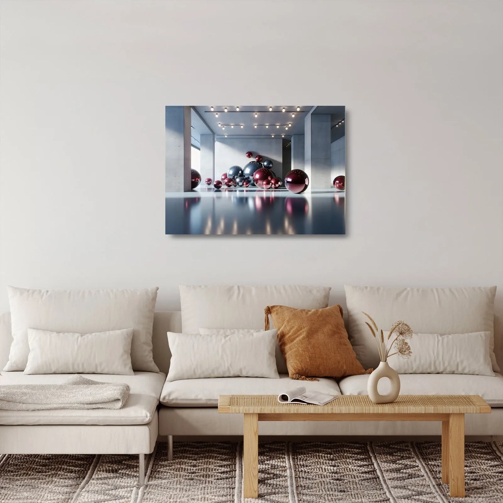 Sklenený obraz - 3D priestor s guľami II. (70x50 cm)