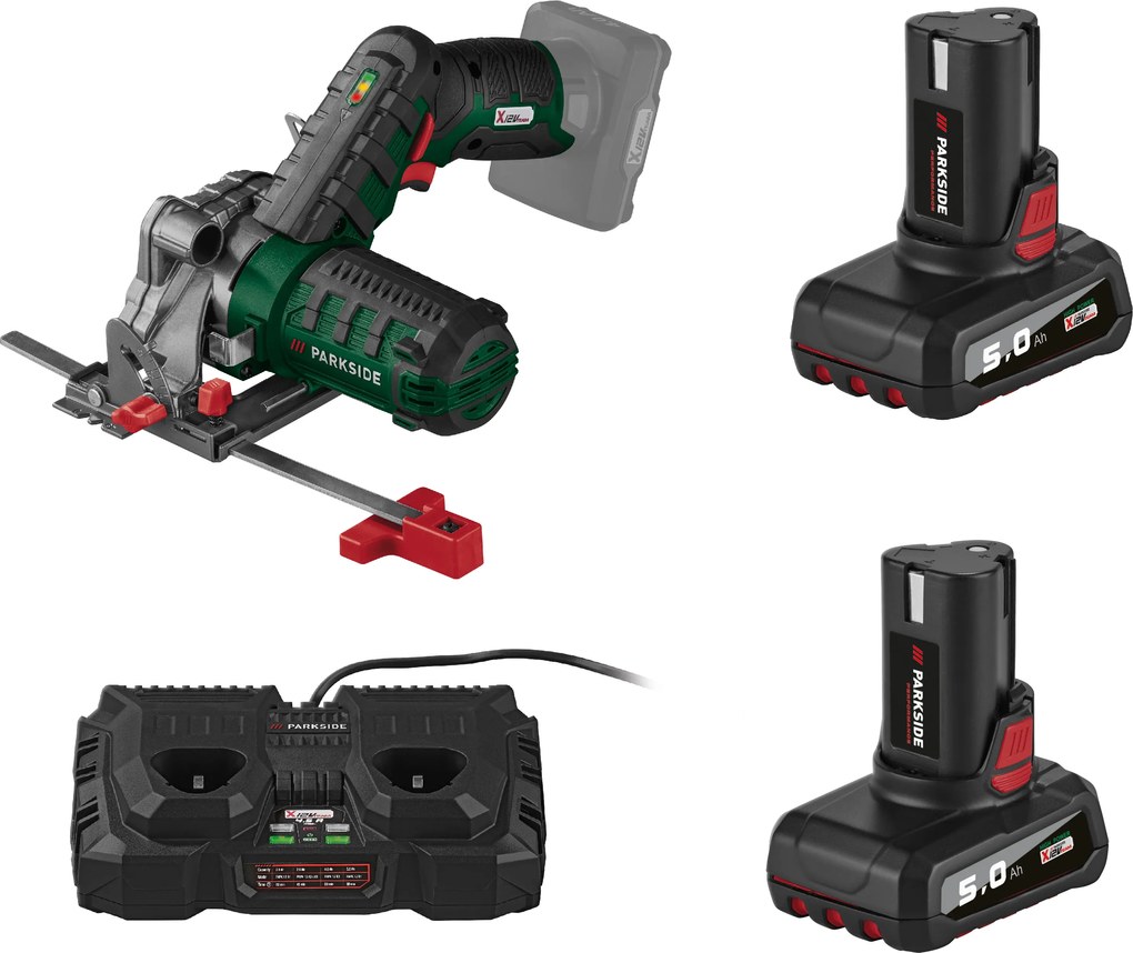 Parkside®  Aku ručná kotúčová píla 12 V Phksa 12 B3 + Dvojitá nabíjačka 12 V/2 x 4,5 A + Akumulátor 12 V/5 Ah, 2 kusy  (800012268)