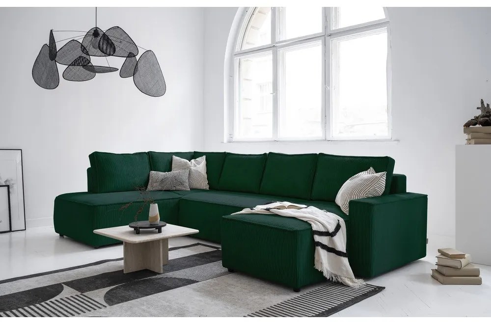 Tmavozelená menčestrová rozkladacia rohová pohovka (ľavý roh/do tvaru "U") Brave Dave – Miuform