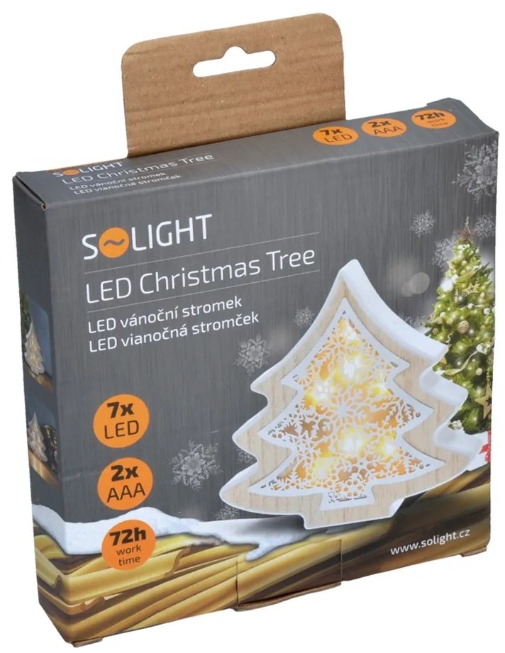 Solight 1V45-T LED vánoční stromek, dřevěný dekor, 6LED, teplá bílá, 2x AAA