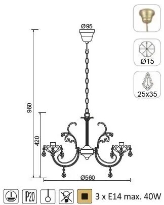 ACA DECOR Závesné svietidlo FABERGE max. 3x40W/E14/230V/IP20