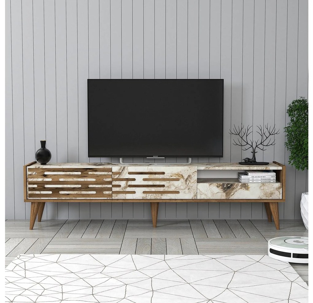 TV stolík/skrinka Tonase (orech + biela + mramor). Akcia -20%. Vlastná spoľahlivá doprava až k Vám domov. 1095465