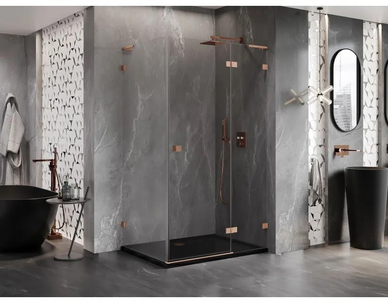 Mexen Lunar L, pravostranný výklopný sprchový kút 75 x 80 cm, 8mm číre sklo, medený matný profil, 834L-075-080-65-00-P