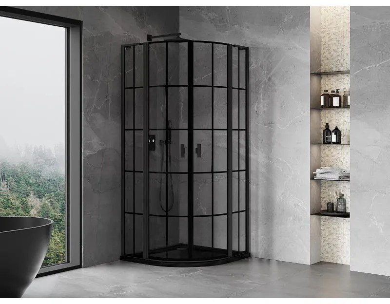 Mexen Mist L, štvrťkruhový sprchový kút s 2-krídlovými dverami, 100 x 100 cm, 8mm číre sklo, čierny profil, 8A32L-100-100-70-77