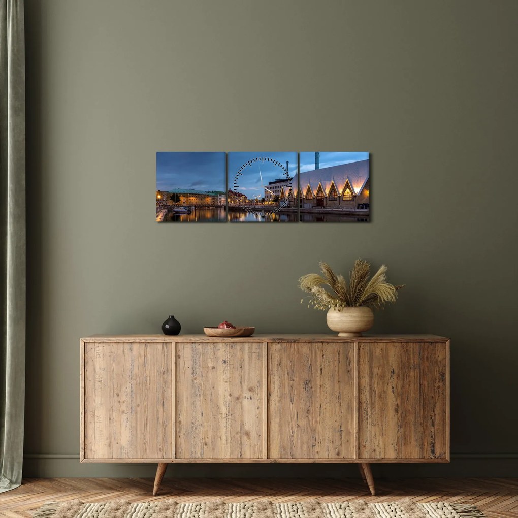 Obraz vodného kanála - Göteborg (s hodinami) (90x30 cm)