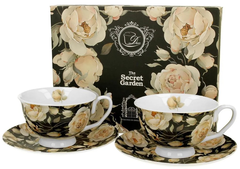 Porcelánová šálka na nohe s podšálkou Royal English Roses Black 250 ml sada 2ks