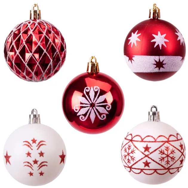 Sada vianočných závesných dekorácií SAPIN biela / červená (30 ks)