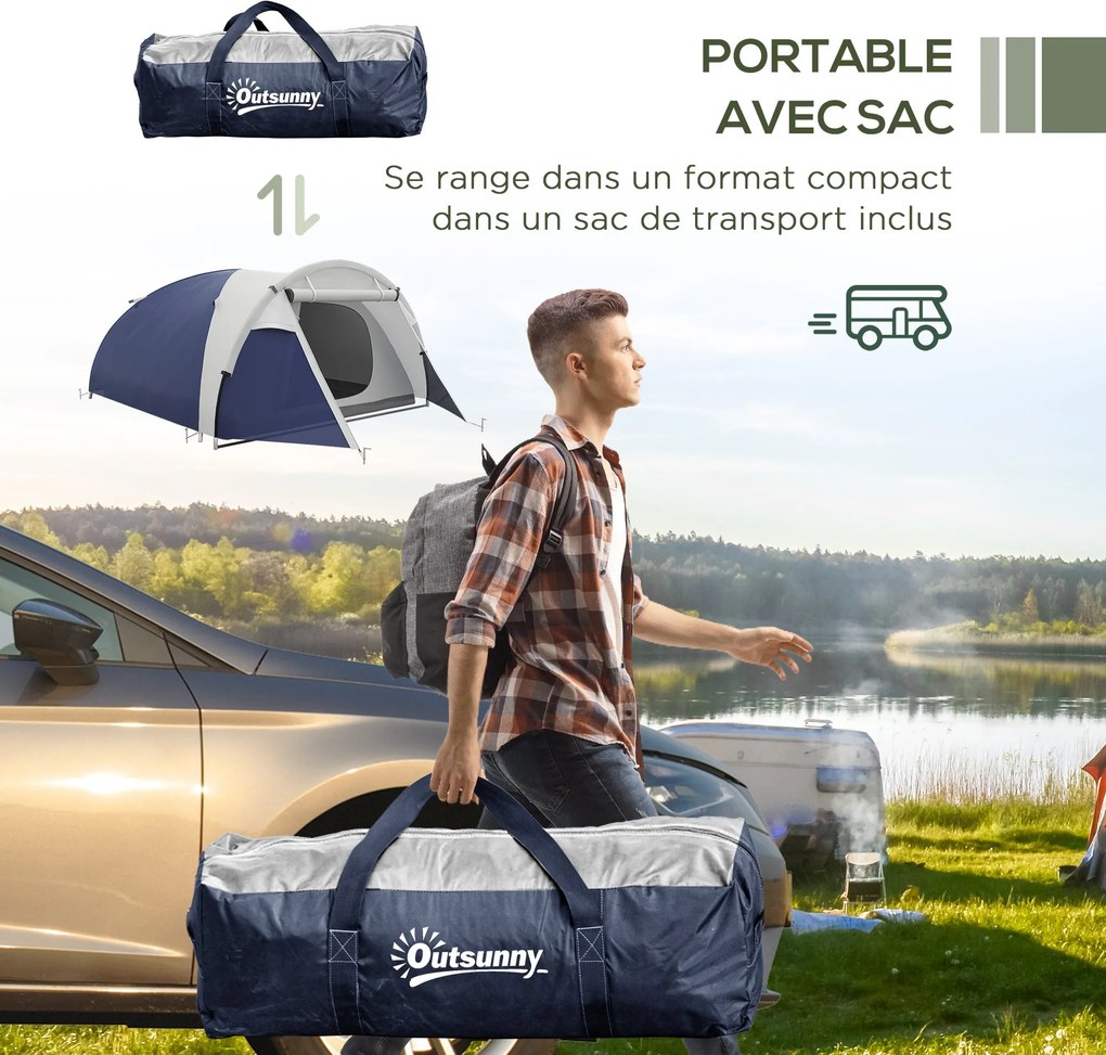 Outsunny Ľahký Vetraný Stan pre 3/4 Osoby s Zipsovými Dverami, So Zahrnutou Taškou Oxford 320 x 240 x 130 cm Tmavomodrá Svetlosivá | Aosom
