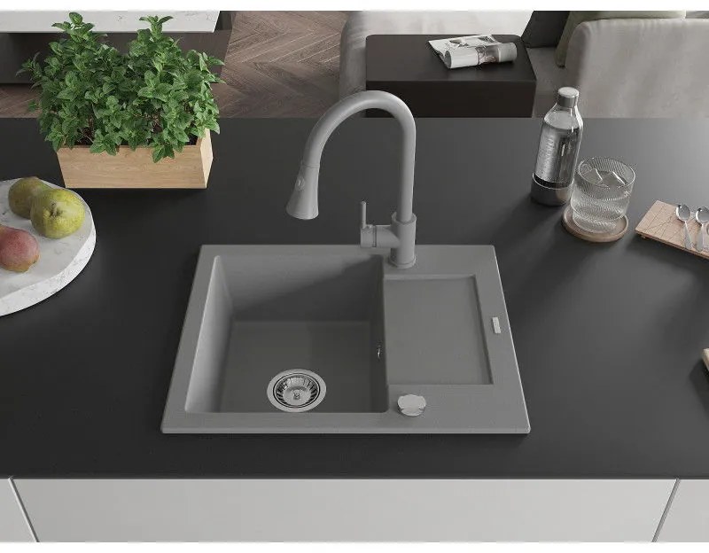 Mexen Enzo, 1-komorový granitový drez 576x465x174 mm a drezová batéria Elia, šedá, 6506-71-670101-71