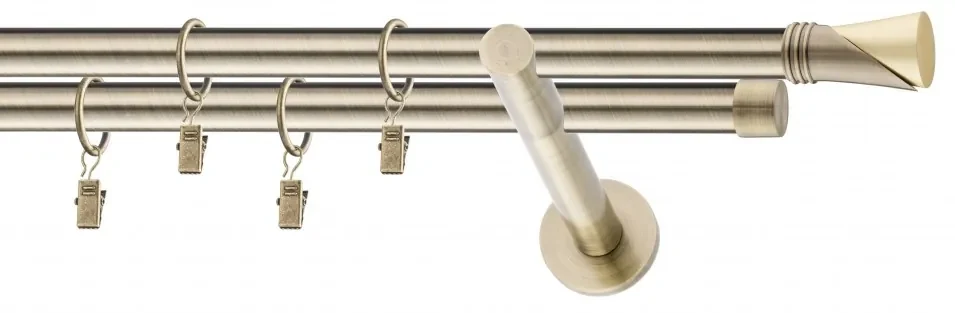 Dekorstudio Mosadzná dvojradová garniža VEGA 19mm Dĺžka: 160cm, Typ uchytenia: Držiak dvojitý otvorený, Typ príslušenstva: Krúžky tiché so štipcami