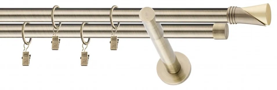 Dekorstudio Mosadzná dvojradová garniža VEGA 19mm Dĺžka: 360cm, Typ uchytenia: Držiak dvojitý modern, Typ príslušenstva: Krúžky tiché so štipcami
