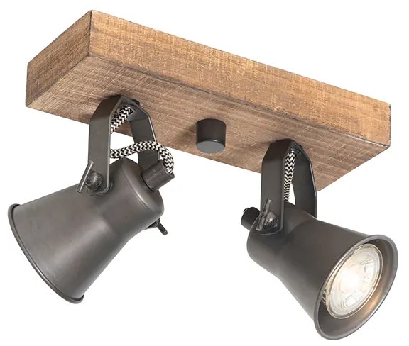 Vidiecky reflektor čierny s drevom 2-svetelný nastaviteľný - Jelle