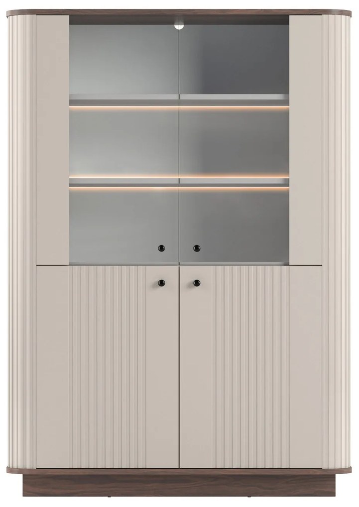 Vitrína Vesper 103 cm štvordverová na sokli - kašmír / orech / čierne úchyty