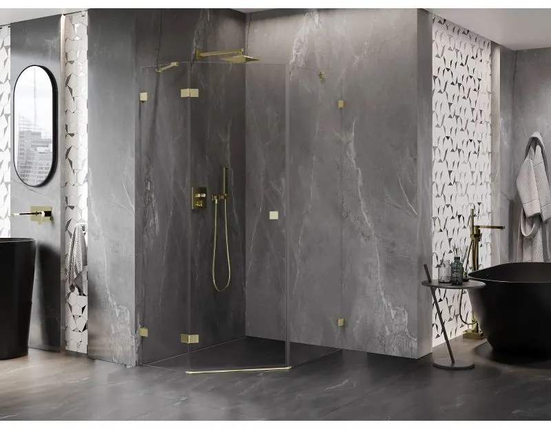 Mexen Lunar, Päťuholníkový sprchový kút Mexen Lunar s výklopným ľavým oknom 80 x 100 cm, 8mm číre sklo, zlatý matný profil, 831-080L-100P-55-00-L