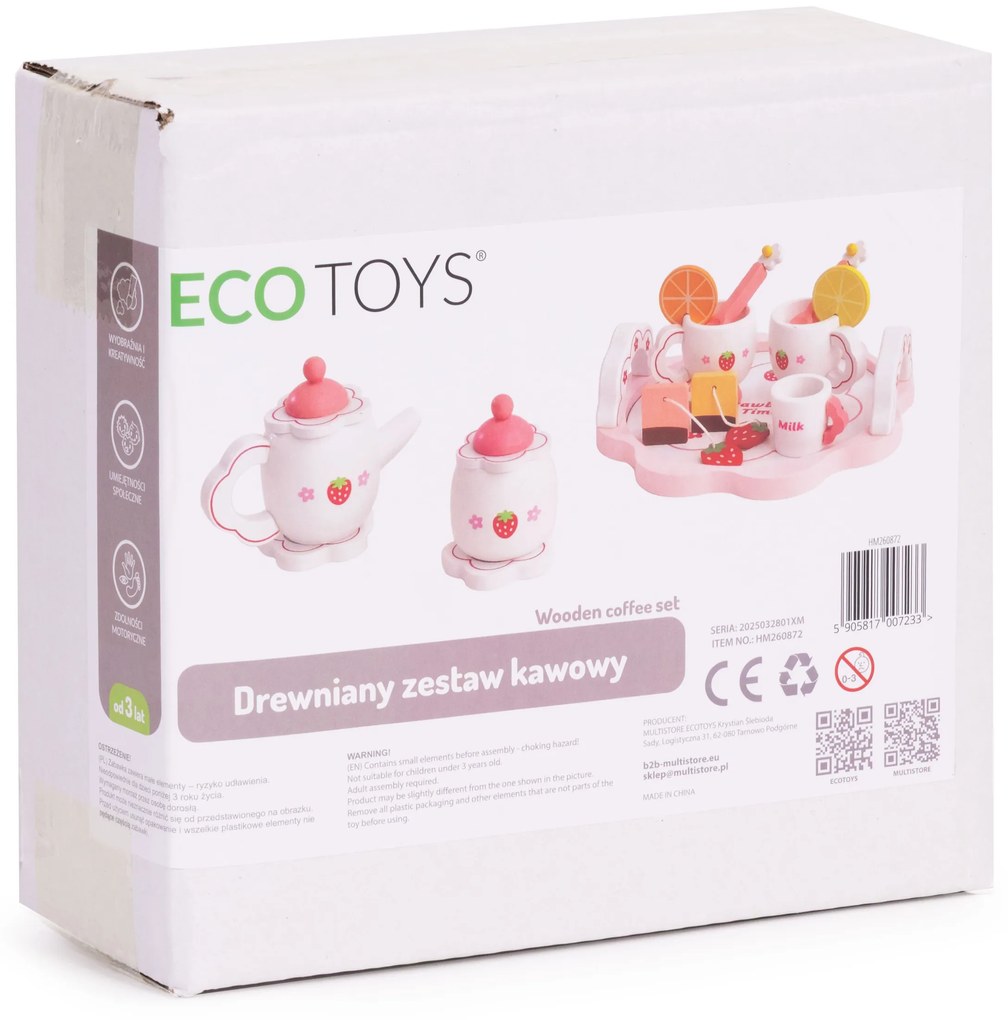 Drevený čajový set ECOTOYS 14 ks – motív jahôd
