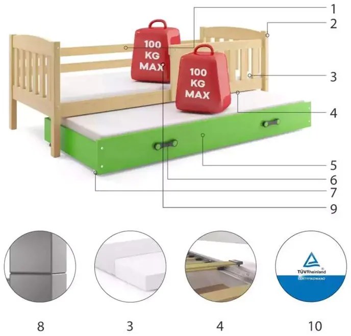 Posteľ s prístelkou KUBO 2 190x90 borovica - zelená