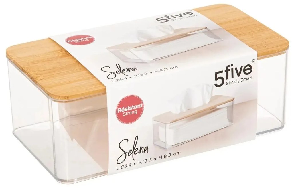 Box na vreckovky Selena, 25,3x9,3x13,3 cm, číra/s drevenými prvkami