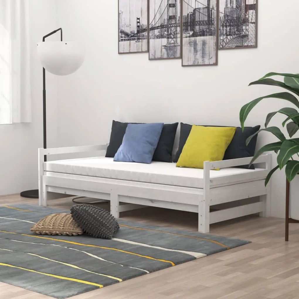 Rozkladacia denná posteľ 2x(90x200) cm, biela, borovicový masív