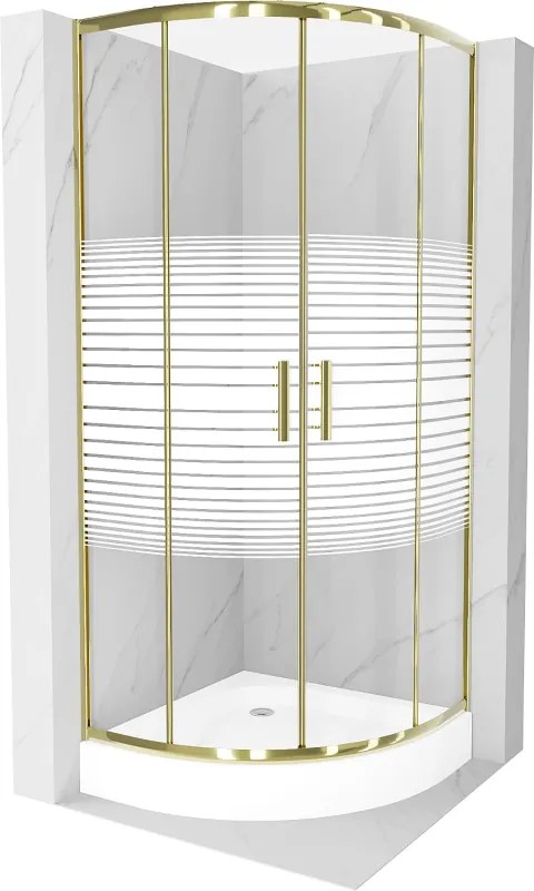 Mexen Rio, štvrťkruhový sprchovací kút s posuvnými dverami 80(dvere) x 80(dvere) x 190 cm, 6mm číre sklo s pásikmi, zlatý profil + biela sprchová vanička RIO, 863-080-080-50-20-4710