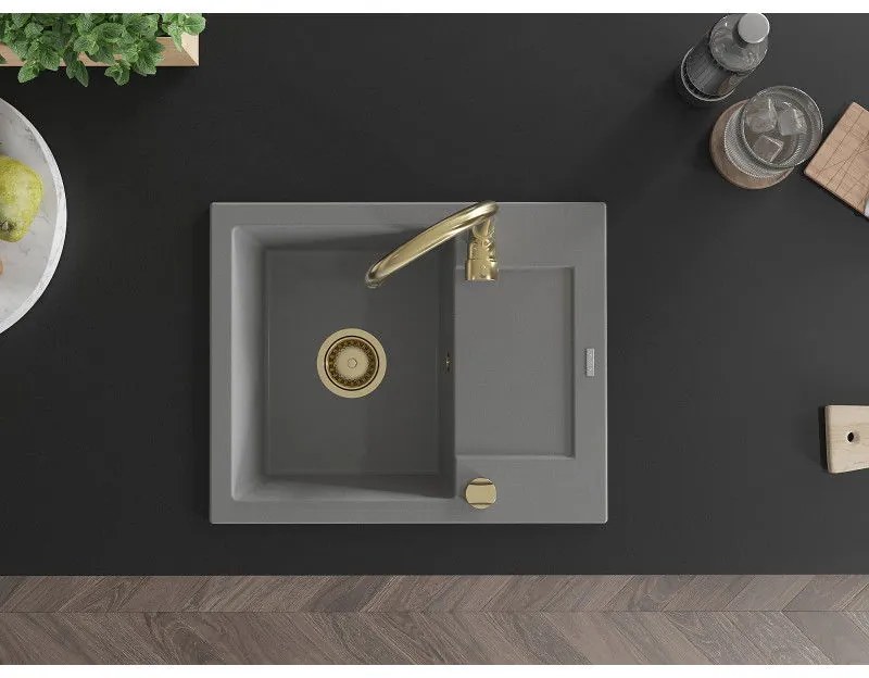 Mexen Enzo, granitový drez 576x465x174 mm, 1-komorový, šedá so zlatým sifónom, 6506571005-71-G