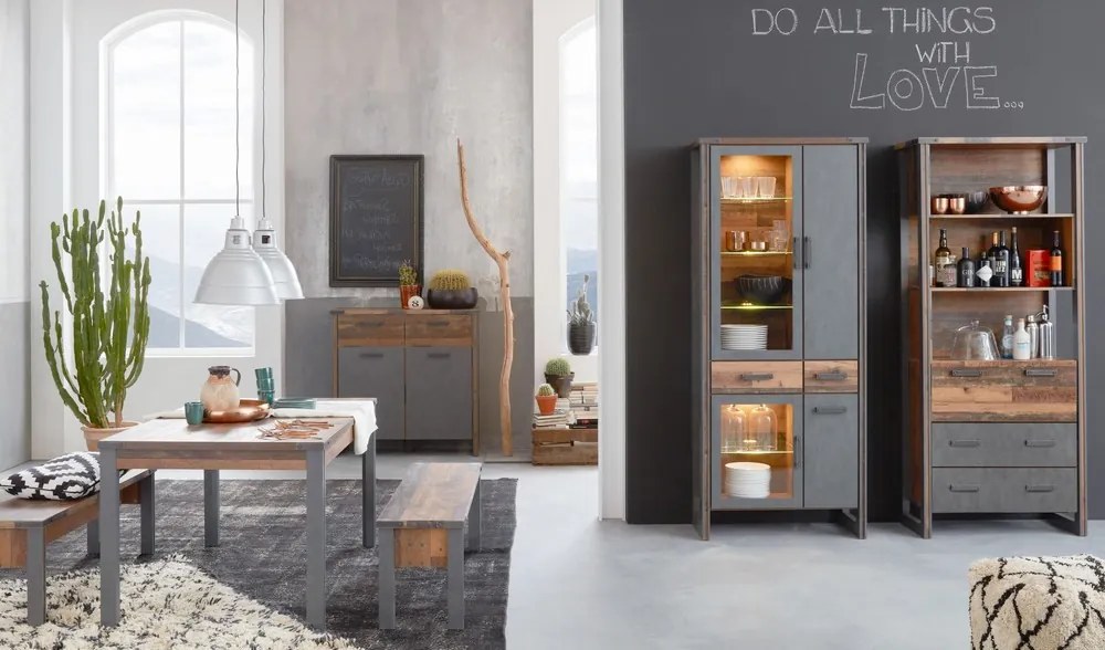 Vysoká vitrína Prime, vintage optika dreva