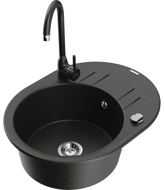 Mexen Kevin, drez granitový 586x458x190 mm, 1-komorový a čierna matná batéria Telma, čierna škvrnitá, 6517-75-670200-70