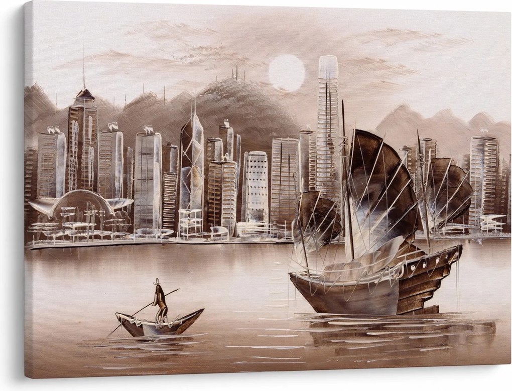 Obrázok - Victoria Harbor, Hong Kong, sépiový efekt (70x50 cm)