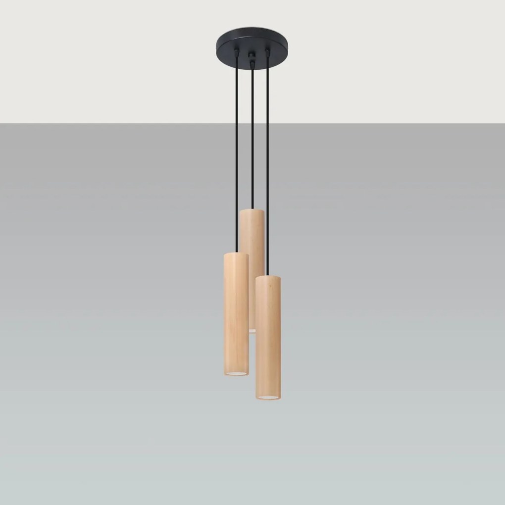 Závesné svietidlo Lino 3p, 3x drevené tienidlo