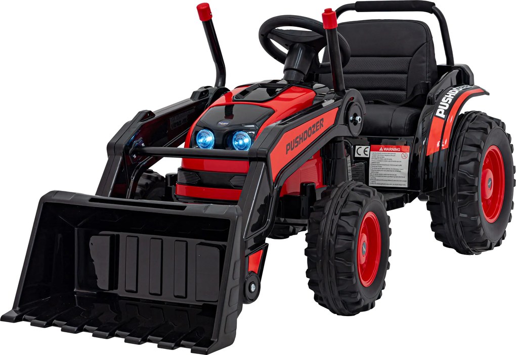 Ramiz Detský traktor na batérie Červený + pohyblivé rameno s lyžicou + diaľkové ovládanie + pomalý štart + FM rádio + LED