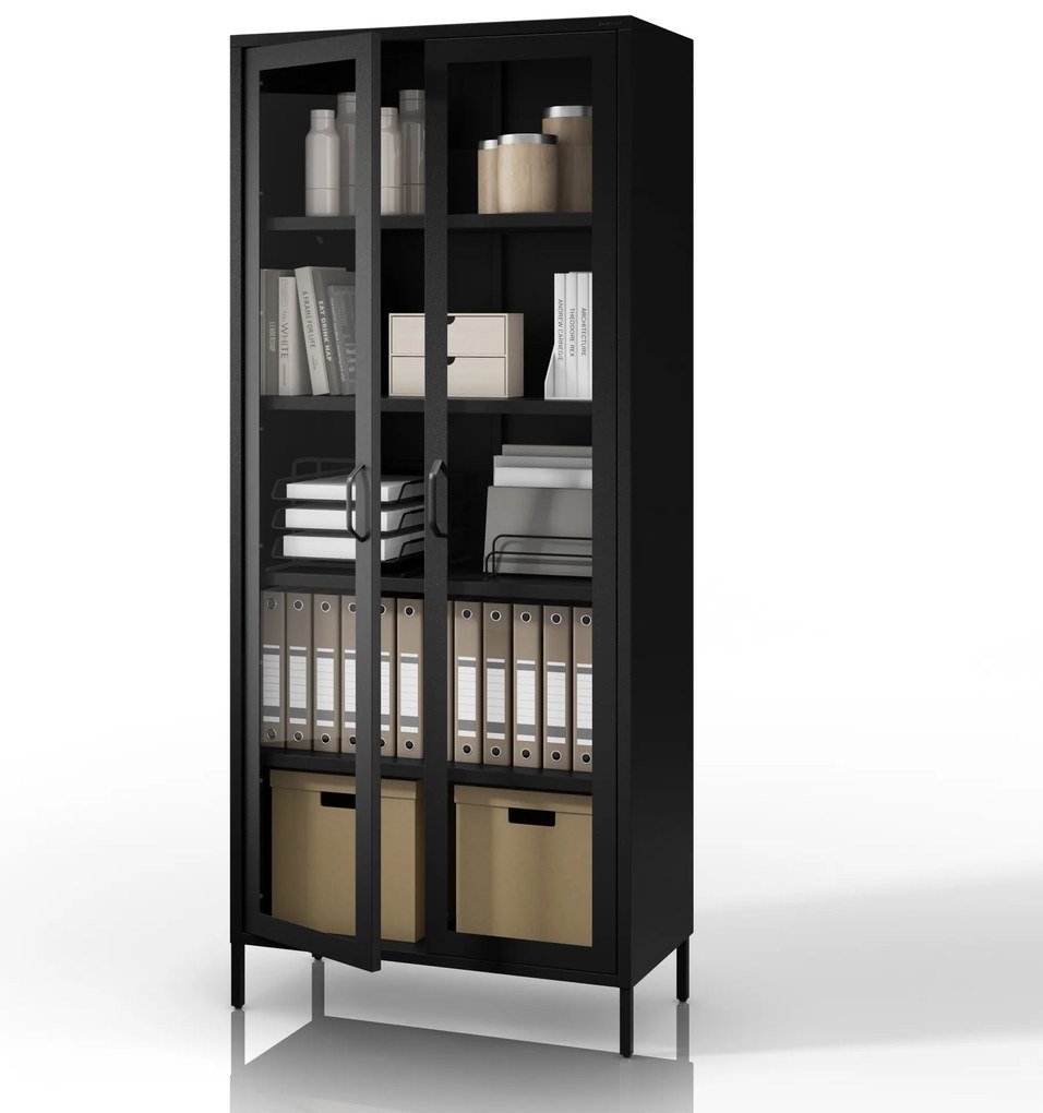 Sklenená vitrína ANGELO do obývačky – kovová, čierna, 800 x 1850 x 450 mm