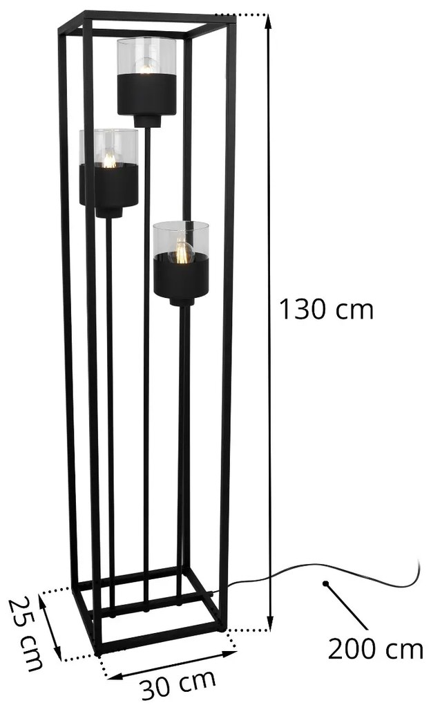 Stojacia lampa Roma Cage, 3x čierne/transparetné sklenené tienidlo v kovovom ráme