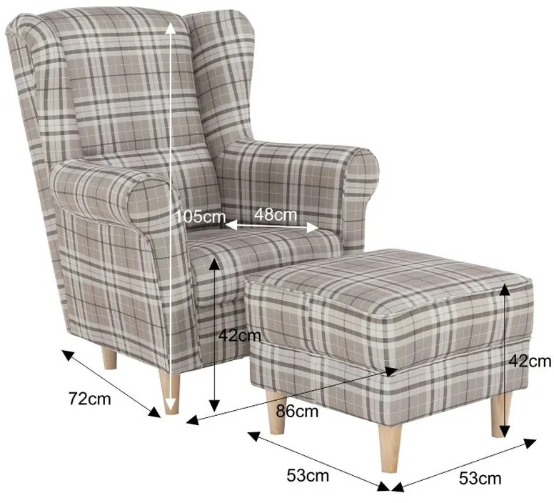 Kondela Kreslo, ušiak s taburetom, hnedé káro látka, ASTRID