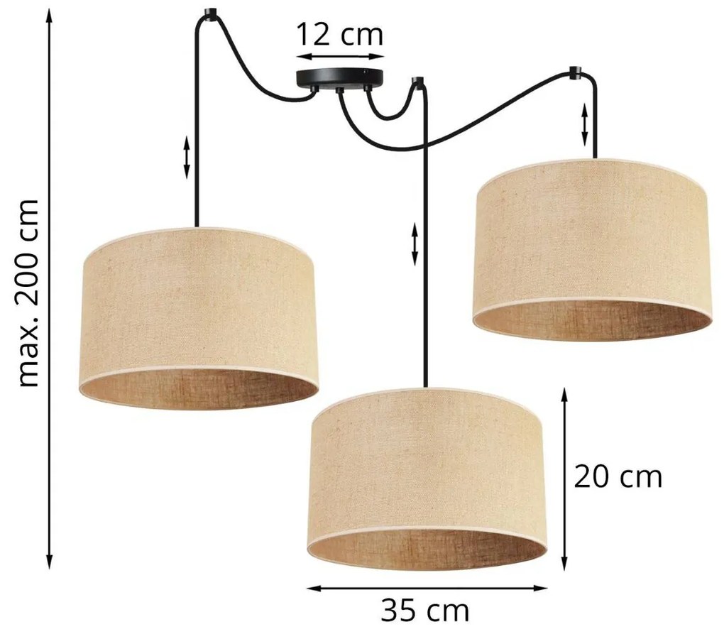 Závesné svietidlo Juta spider, 3x jutové tienidlo, (výber z 2 farieb konštrukcie), (fi 35cm)