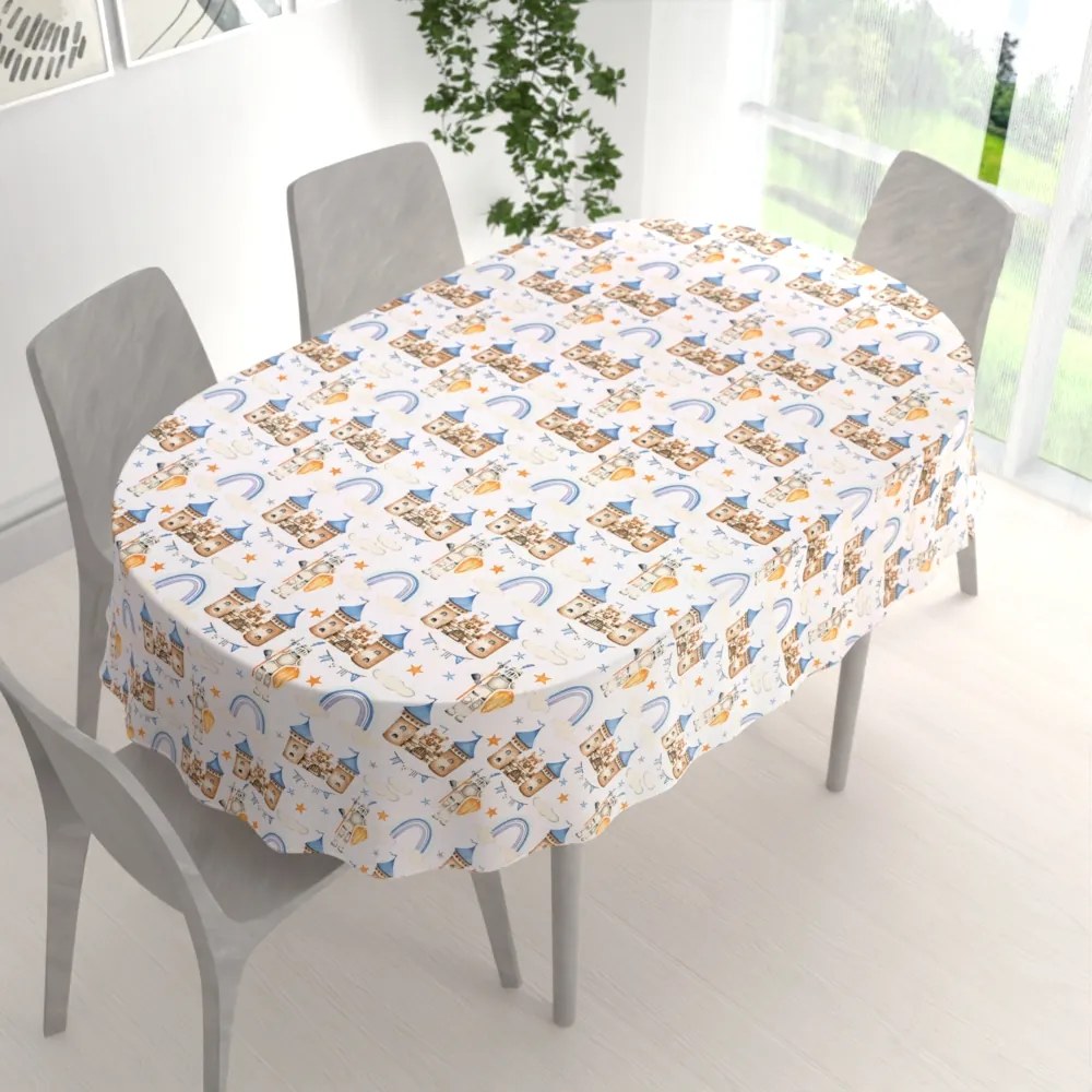 Biante Detský bavlnený oválny obrus Sandra SA-666 Modro-hnedé hrady a rytieri na bielom 50x100 cm