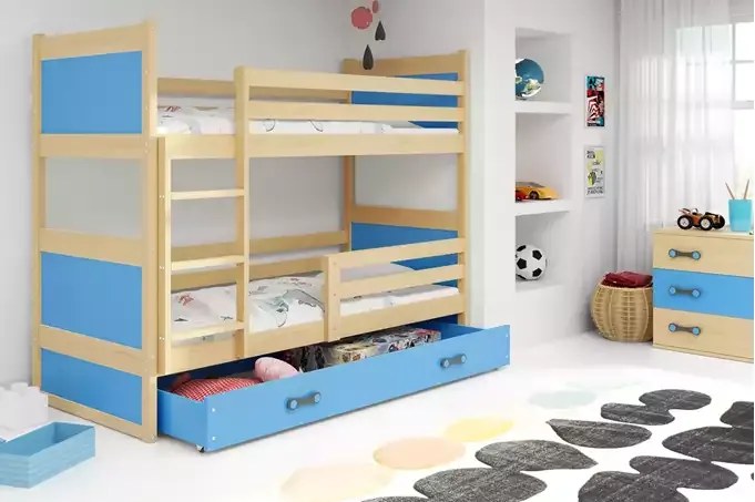 Poschodová posteľ RICO so zásuvkou, prírodná/modrá