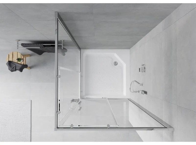 Mexen Rio, štvorcový sprchovací kút s posuvnými dverami 90 x 90 cm, 6mm číre sklo, chrómový profil + biela vysoká sprchová vanička Rio, 860-090-090-01-00-4510