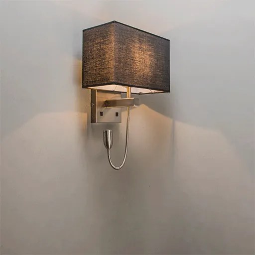 Oceľová nástenná lampa s čiernym tienidlom a čítacím ramenom vrátane LED - Bergamo