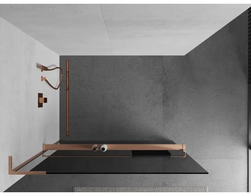 Mexen Kioto+ L, sprchová zástena Walk-In s poličkou a vešiakom 70 x 200 cm, 8mm šedé sklo, medený matný profil, 800-070-123-65-40