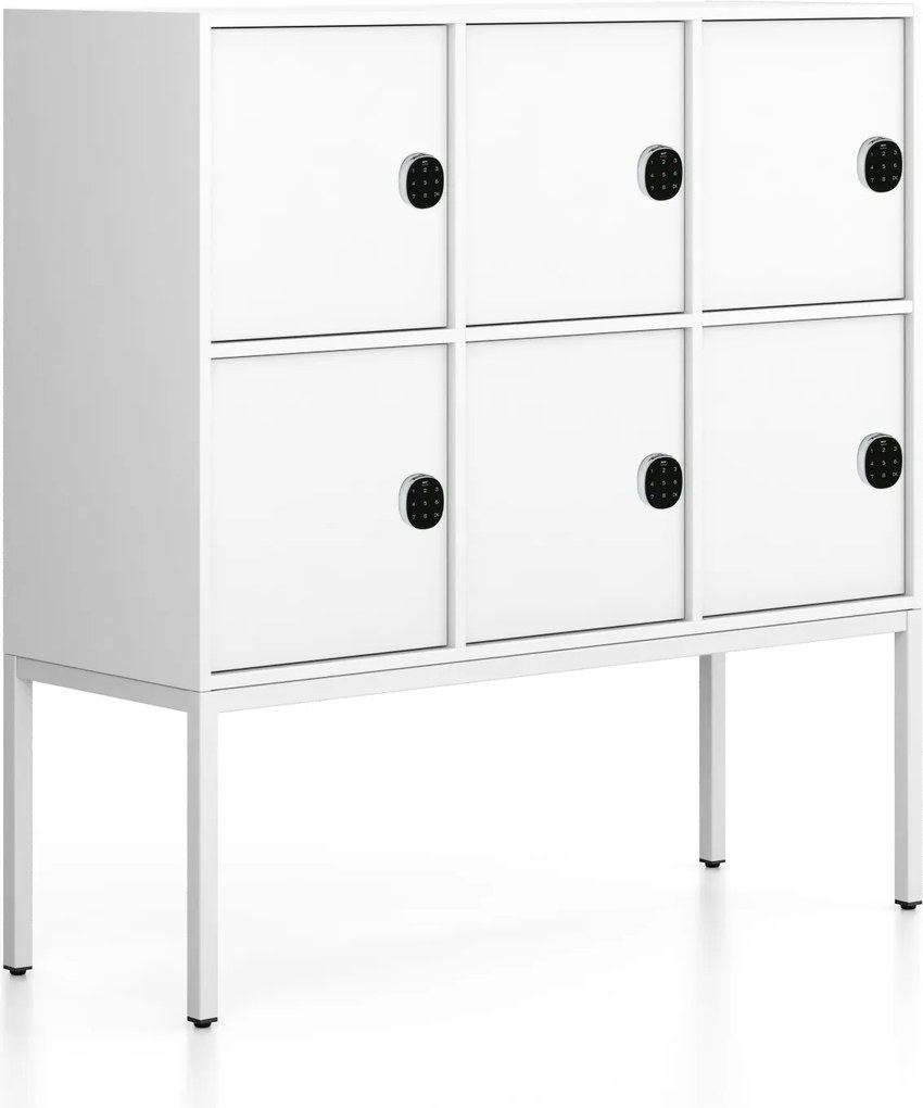 Kancelárska skriňa FRAME, nízka, biela podnož, 6x dvere, 1299 x 450 x 1331 mm, kódový zámok, biela