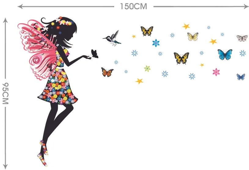 Samolepka na stenu "Víla s motýľmi a kolibríkom" 95x150 cm