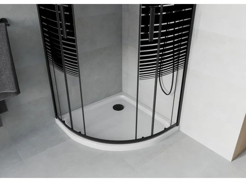 Mexen Rio, štvrťkruhový sprchovací kút s posuvnými dverami 80(dvere) x 80(dvere) x 190 cm, 6mm číre sklo s pásikmi, čierny profil + biela sprchová vanička SLIM, 863-080-080-70-20-4110B