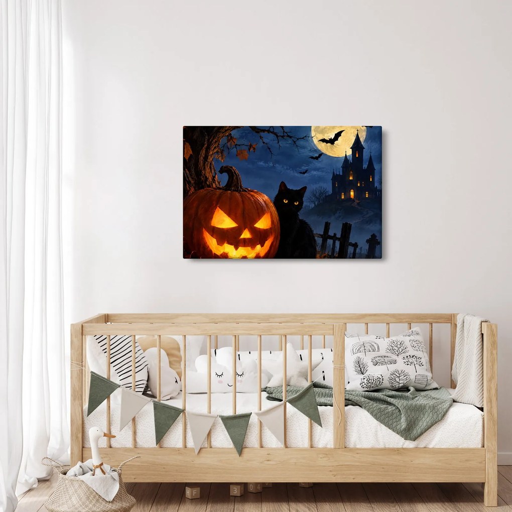 Obraz - Čierna mačka pri svietiacej tekvici na Halloween (90x60 cm)