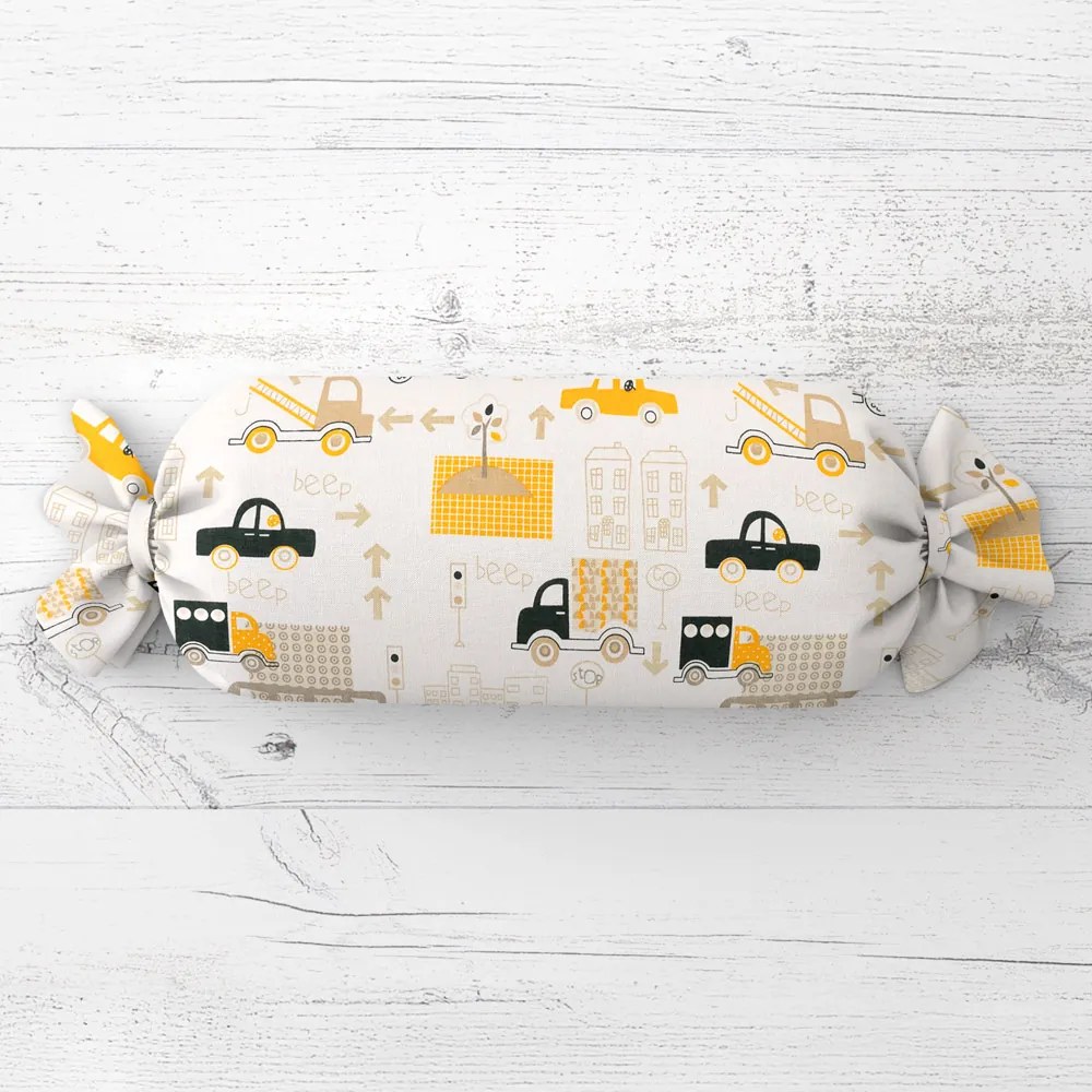 Biante Detský vankúš valec bonbon Sandra SA-672 Žlté a sivohnedé autá v meste na bielom 15x60 cm