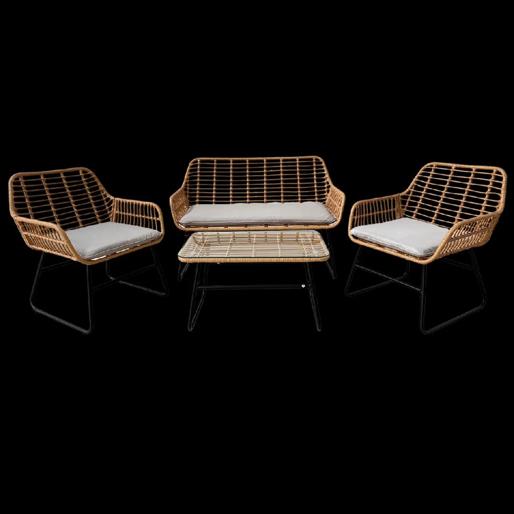 Garden Line ZÁHRADNÝ NÁBYTOK (SOFA, 2 STOLIČKY, STÔL) – HNEDÝ, VANKÚŠE – ŠEDÉ *3422