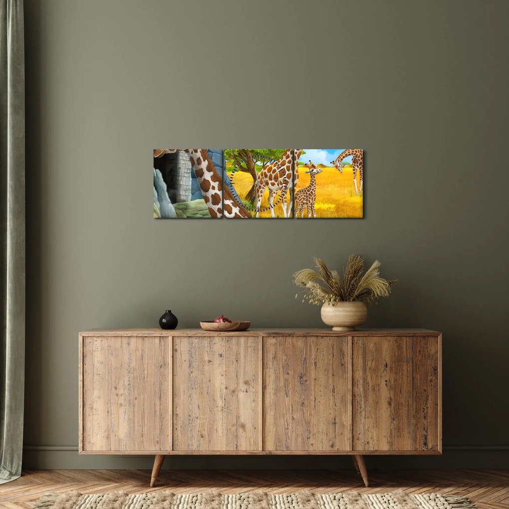 Obraz - Žirafia rodina (s hodinami) (90x30 cm)