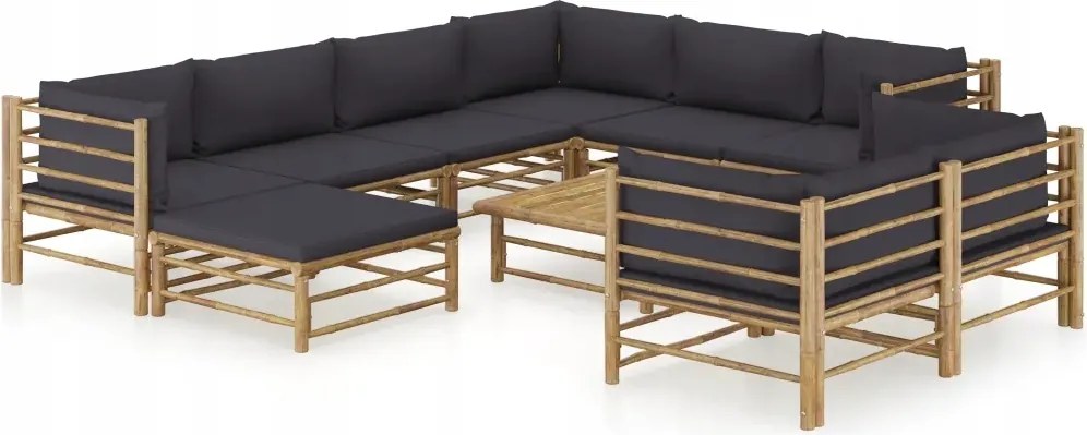 vidaXL 10-dielna záhradná sedacia súprava, tmavosivé podložky, bambus