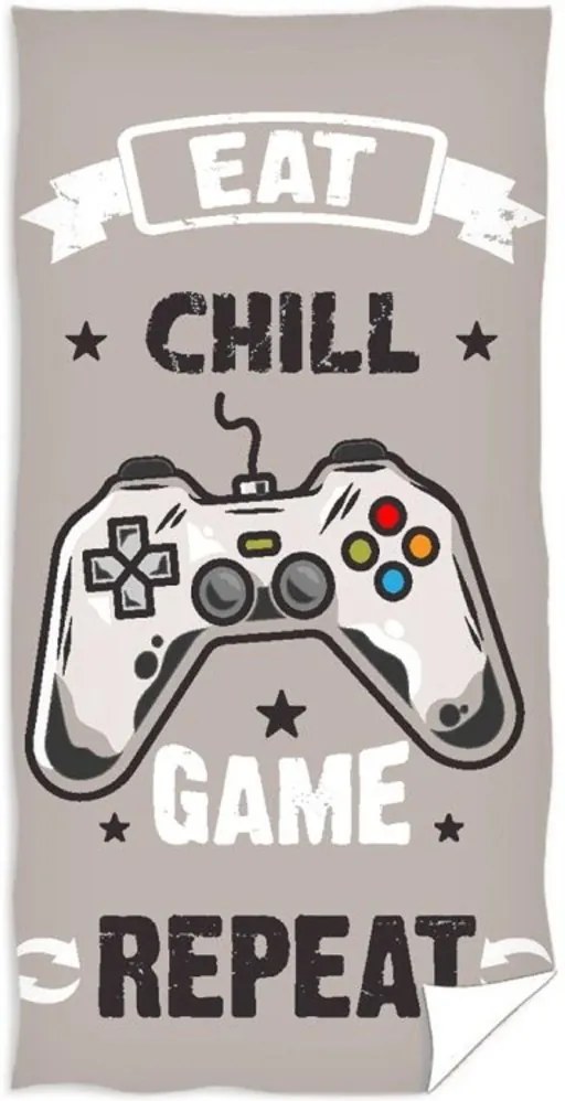 Veľká plážová osuška Eat, Chill, Game &amp; Repeat - 100 % bavlna s vysokou gramážou 400 g/m² - extra veľký rozmer 90 × 180 cm